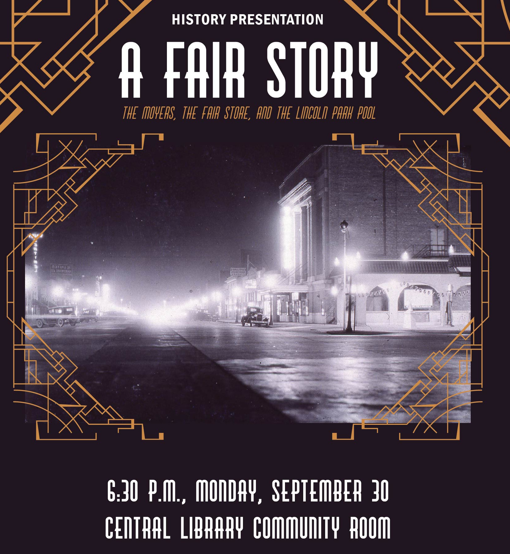 Fair Story presentation graphic with old photo of GJ's downtown at night