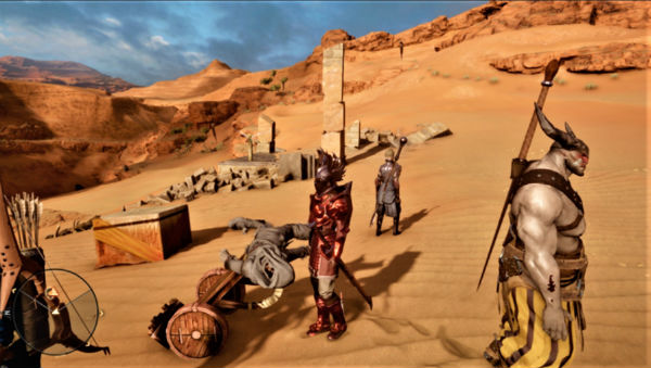 gameplay group of characters in desert