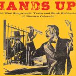 Line drawing of Old West bandit holding up a banker, with promotional copy for the "Hands Up" presentation