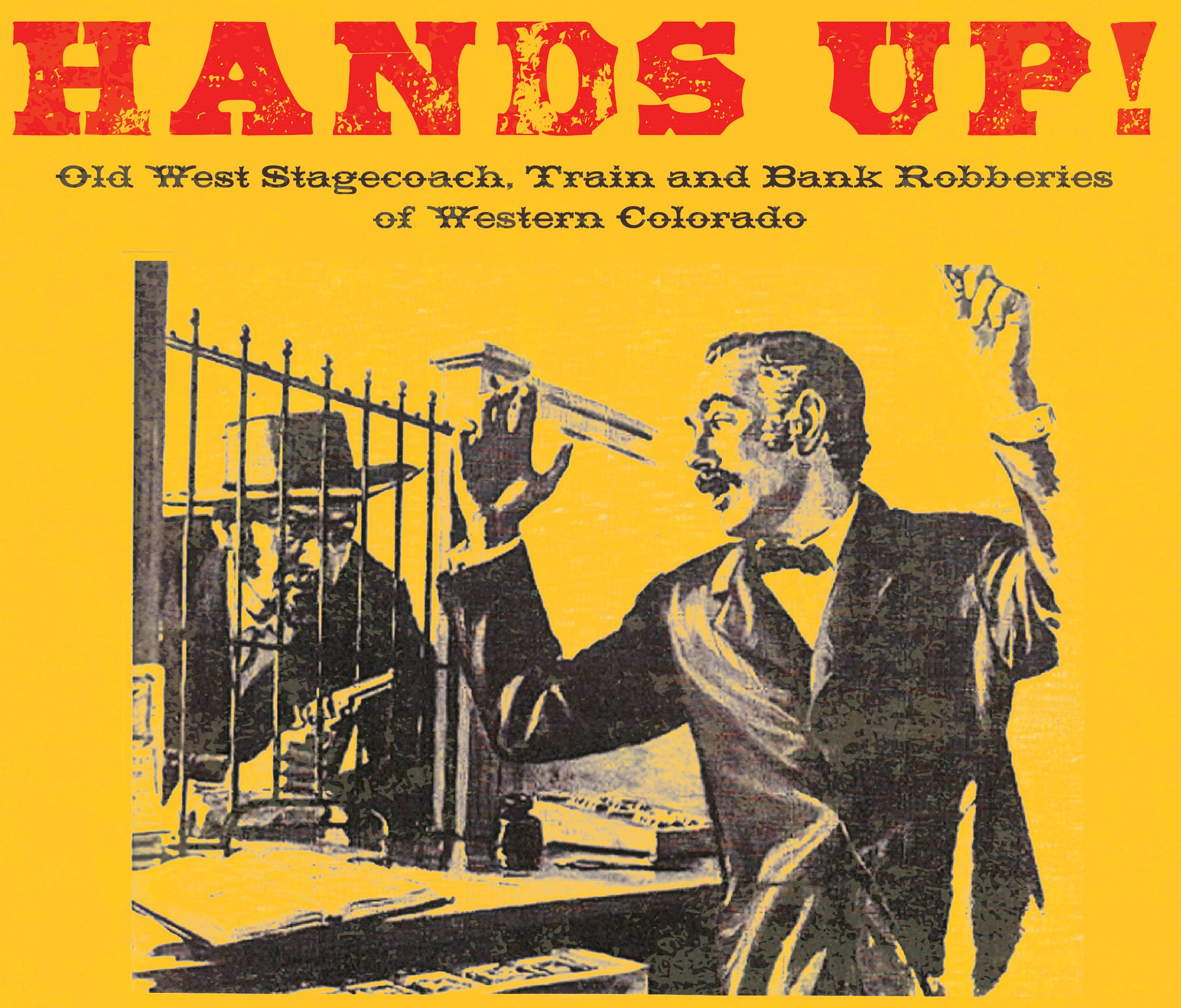 Line drawing of Old West bandit holding up a banker, with promotional copy for the "Hands Up" presentation