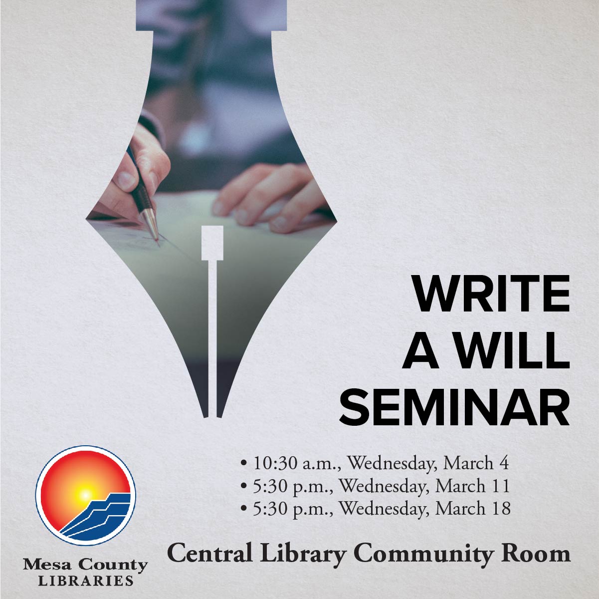 Write a Will Seminar poster with times and dates