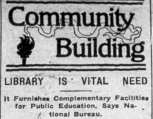 Newspaper clipping headline "Library is Vital Need"