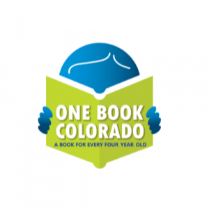 Cartoonish blue person reading a green book with the advertisement of One Book Colorado on it. The is a sublabel that states "A book for every four year old." 