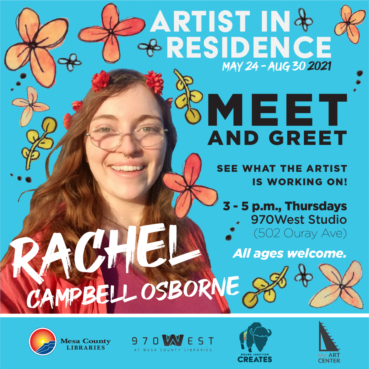 Graphic describing meet and greet studio hours for Artist in Residence Rachel Campbell Osborne