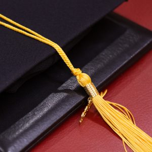 Detail photo showing a black cap and gold tassel on a red background