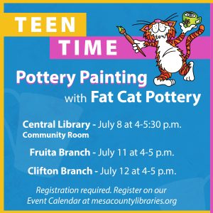 Graphic for the Teen Time: Pottery Painting with Fat Cat Pottery Program