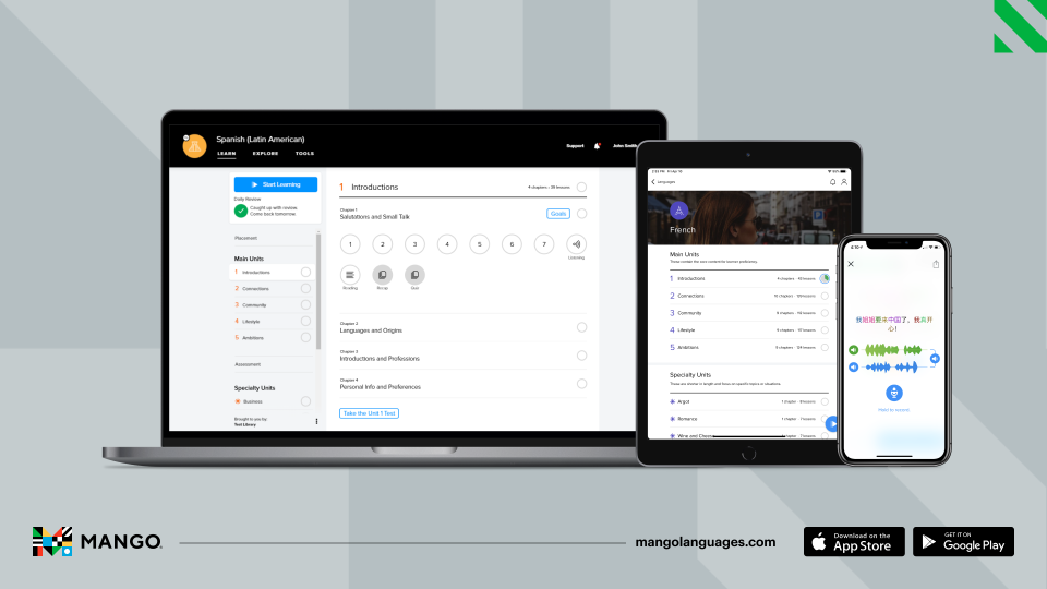 Mango Languages product screen showcasing the app on desktop, tablet, and mobile phone.