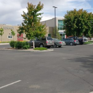 Cars are parked side by side in an asphalt-paved parking lot at the Central Library