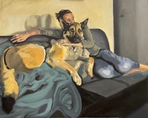 Painting of woman on couch holding a dog