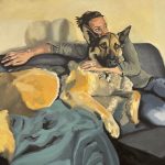 Painting of a woman and dog on a couch