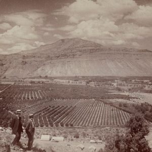 Photo I.D. - Two men overlooking a view of Palisade, Colorado, with orchards visible in the background. Photo taken circa 1910.