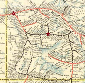 Image I.D. - Map of the Denver and Rio Grande Railroad cropped to show Western Colorado, created circa 1914. The map depicts standard gauge railroads in red and narrow gauge railroads in black. Red stars have been added by the author to indicate the locations of Grand Junction and Gunnison, Colorado, showing the route that the Dread 107 would have taken.