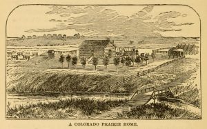 Illustration depicting a small home on the Colorado Prairie. 