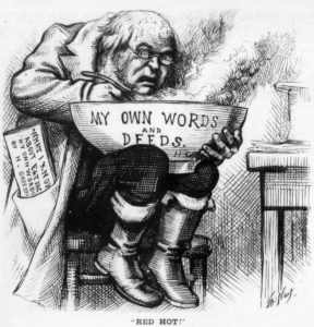 Cartoon depicting Horace Greeley eating from a large bowl with the text "MY OWN WORDS AND DEEDS" on it. A paper in his pocket reads "What I Know About Eating My Own Words." Greeley is depicted sweating from the heat and struggling to choke it down. The caption at the bottom says "Red Hot!"