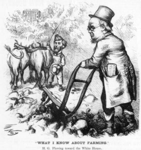 Illustration depicting Horace Greeley plowing a rocky path. 