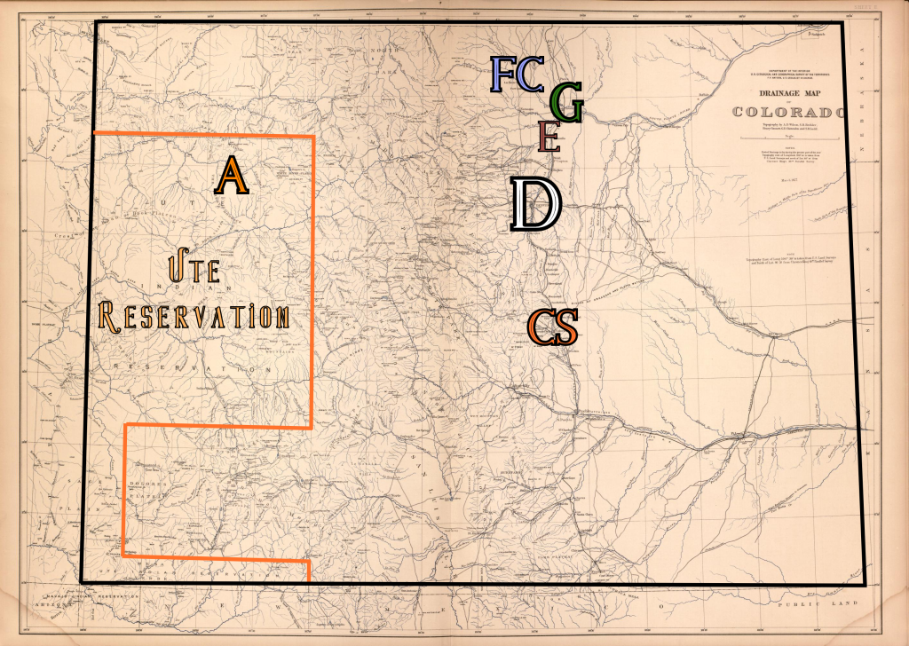 Map depicting Colorado in the year 1877. Letters have been added to show the locations of various communities discussed on this page, in addition to the borders of the Ute Reservation and the location of the White River Indian Agency.