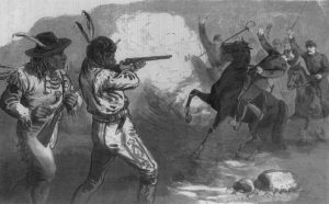 Image I.D. - Illustration depicting a Ute soldier pointing a rifle at Major Thomas Thornburgh, who has been shot dead and is falling off of his horse. 