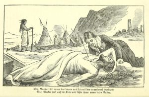 Image I.D. - Depiction of Mrs. Meeker lamenting the death of her husband, who is posed serenely in a depiction reminiscent of Christian depictions of martyred Saints. The caption at the bottom reads "Mrs. Meeker fell upon her knees and kissed her murdered husband." in English and German.