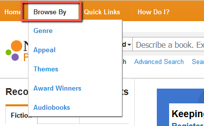 'browse by' drop-down menu for the novelist database showing options for genre, appeal, themes, award winners and audiobooks