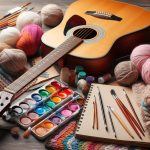guitar, paints, paintbrushes, balls of yarn