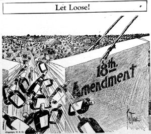 Illustration titled "Let Loose!" depicting the opening of the floodgates after the ratification of the 21st amendment. The floodgates are labeled "18th Amendment" and the floodwater is primarily made up of liquor bottles.