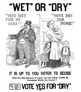Illustrated poster urging voters to "Vote Yes for Dry." On the left, it depicts a wealthy potbellied brewer saying "Vote wet for my sake!" On the right, it depicts a concerned mother and her three children, saying "Vote dry for mine!"