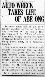 Newspaper clipping with the headline "Auto Wreck Takes Life of Abe Ong"
